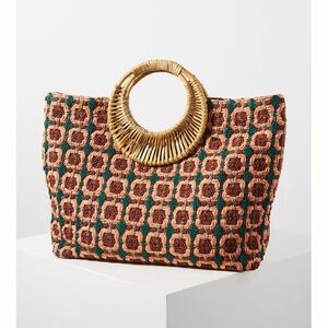 Anthropologie Multicolor Woven Tote with Bamboo Handle